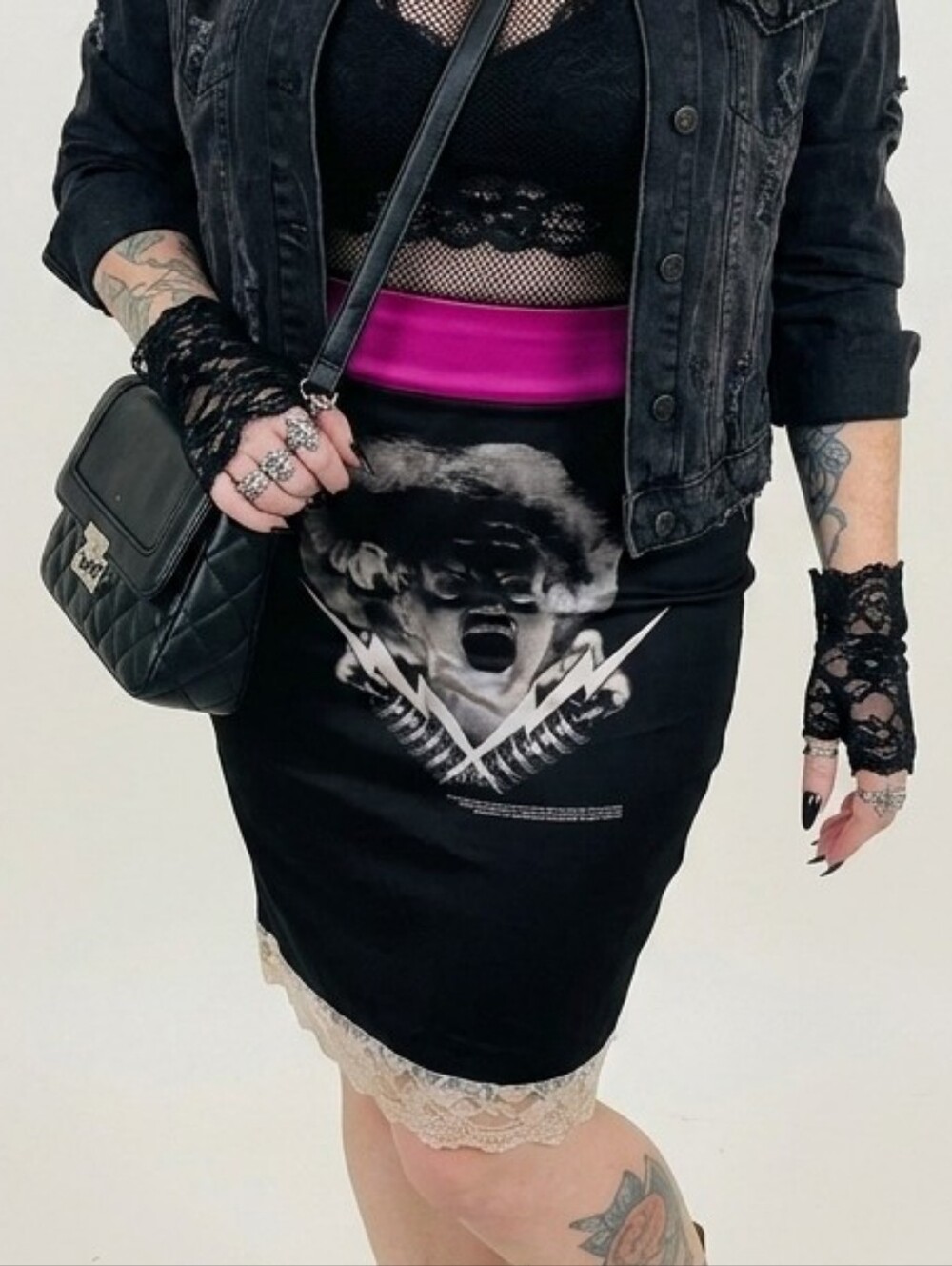 ​VINTAGE Universal Studios Bride of Frankenstein Midi Skirt Pink Lace Mall Goth
